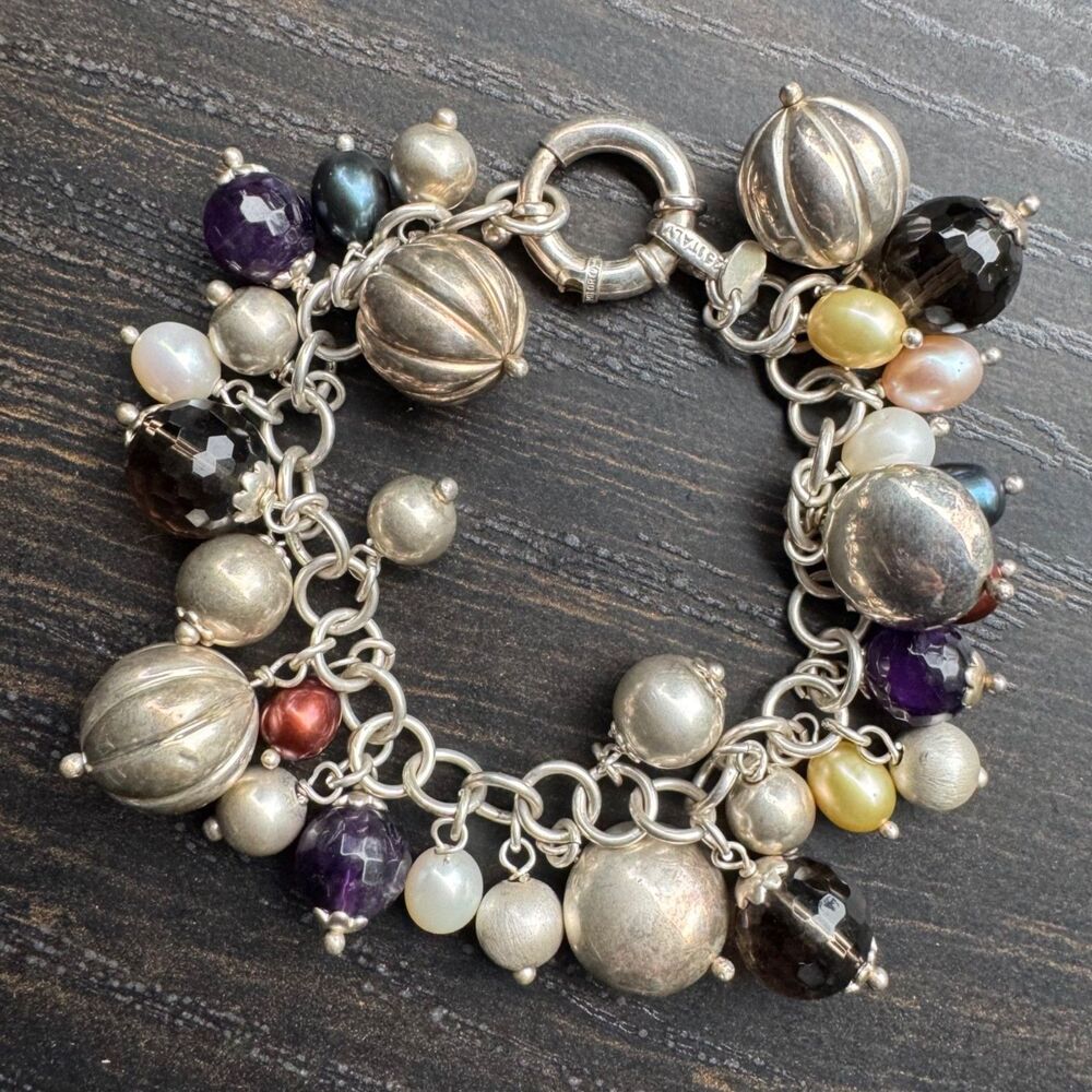 Vintage Brev Milor Pearl Smoky Quartz Amethyst Charm Bracelet Sterling Silver